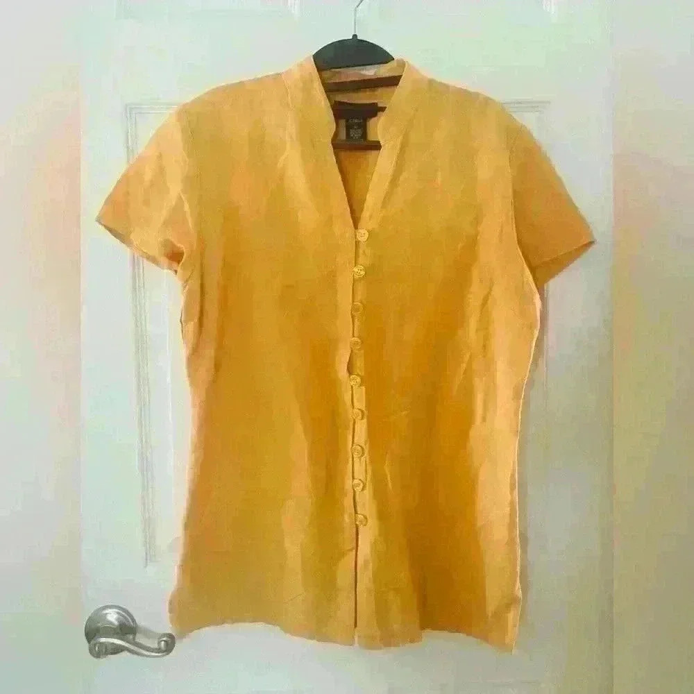 Metrostyle Yellow Minimalist V-neck Button Down Top, Large